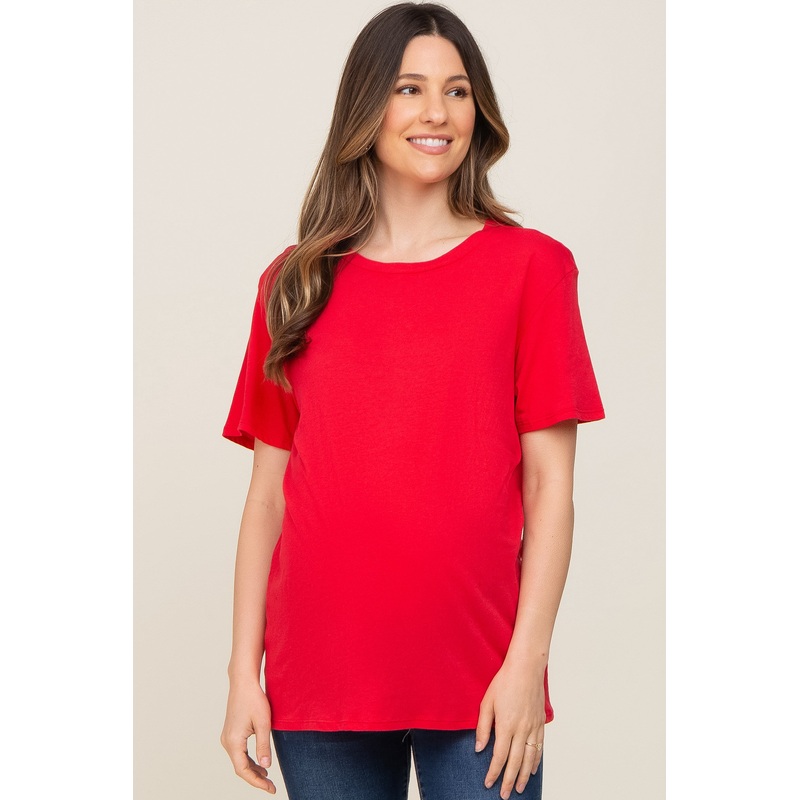 Red Oversized Short Sleeve Maternity Top