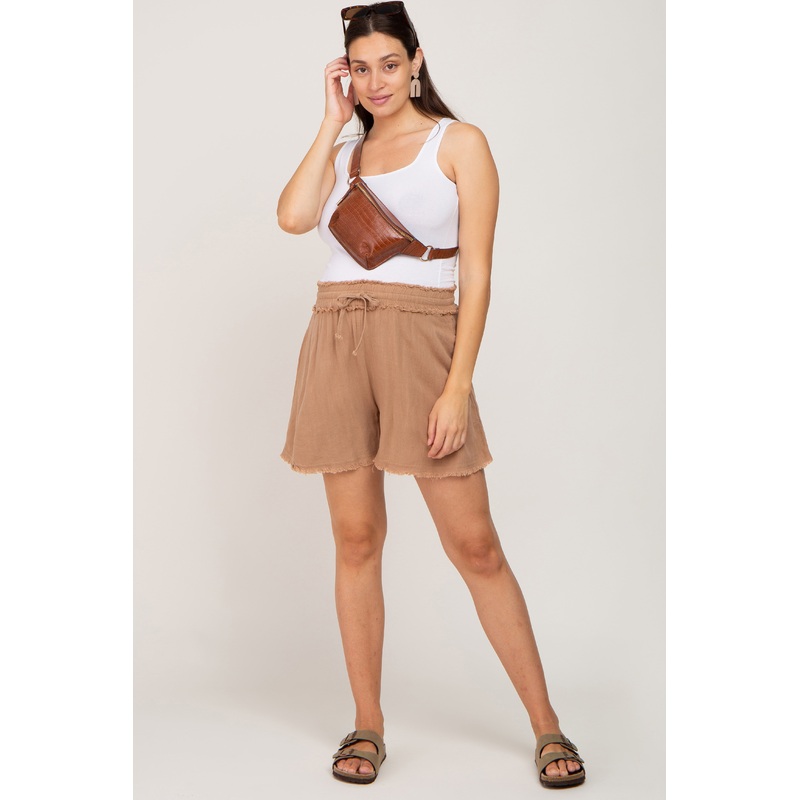 Taupe Soft Linen Frayed Drawstring Maternity Shorts