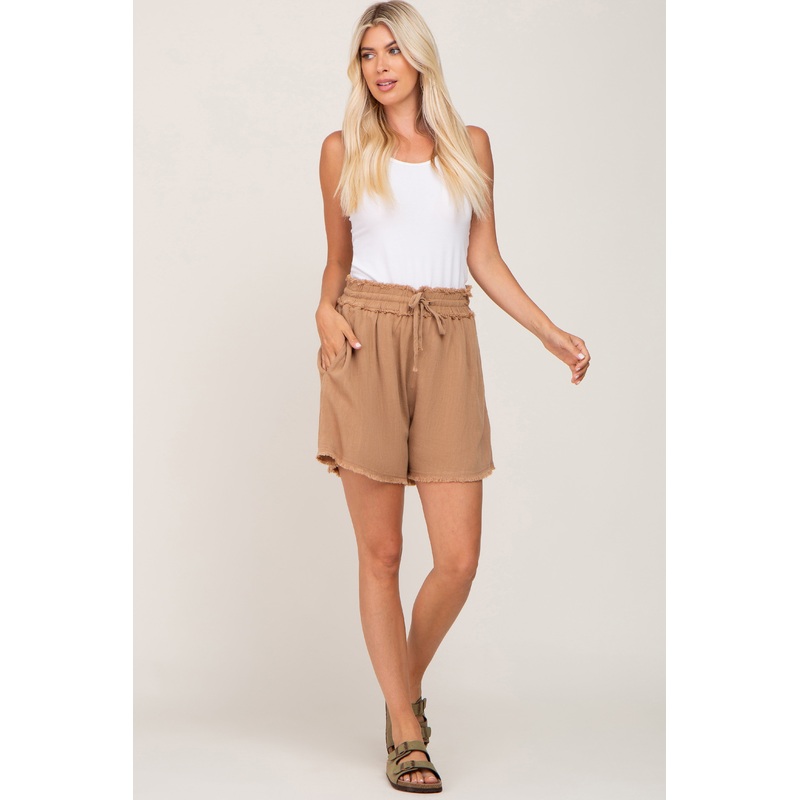 Taupe Soft Linen Frayed Drawstring Shorts