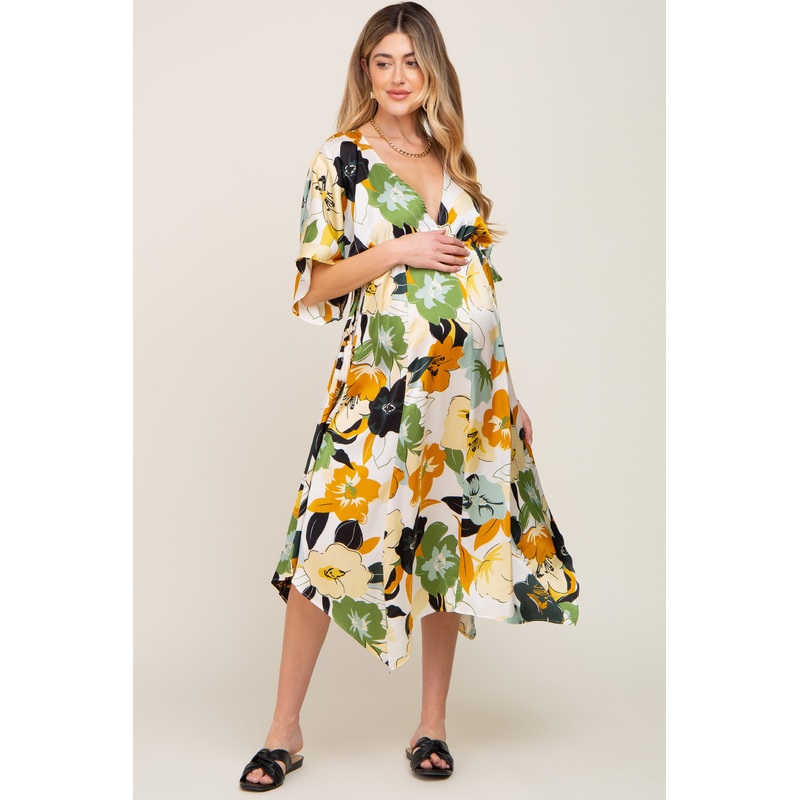 Yellow Floral Satin Waist Tie Maternity Midi Dress