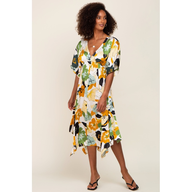 Yellow Floral Satin Waist Tie Midi Dress