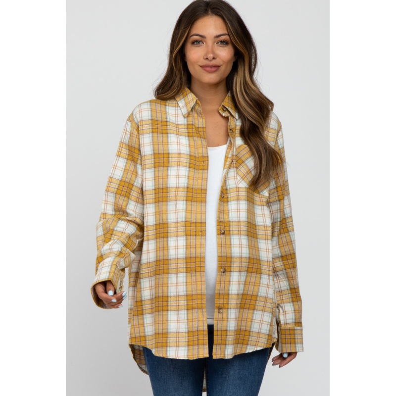 Yellow Plaid Button Up Collared Flannel Maternity Top