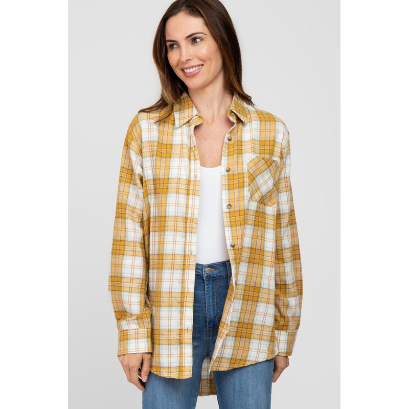 Yellow Plaid Button Up Collared Flannel Top