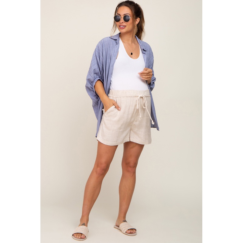 Beige Drawstring Pocketed Maternity Shorts