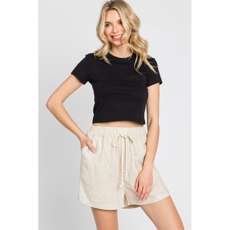 Beige Drawstring Pocketed Shorts