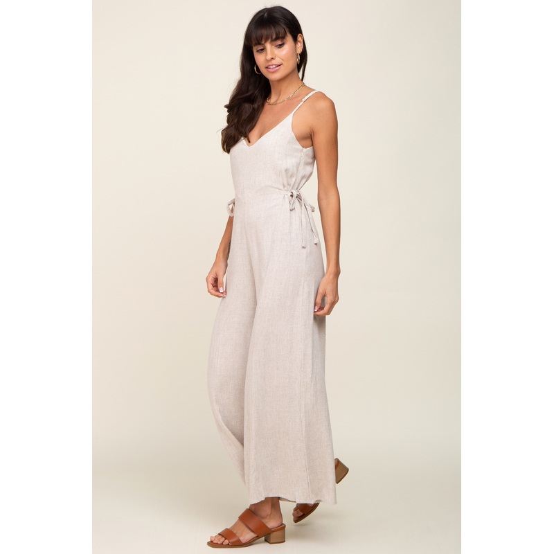 Beige Linen Criss Cross Back Side Tie Wide Leg Jumpsuit