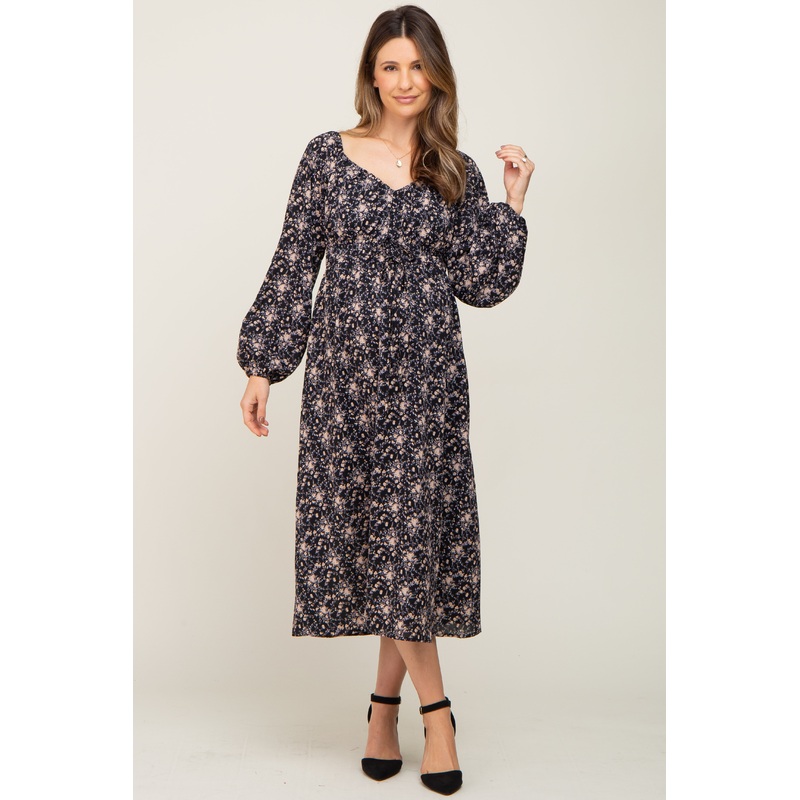 Black Cinched Tie Waist Maternity Midi Dress