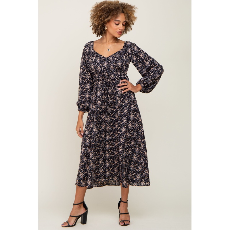 Black Cinched Tie Waist Midi Dress