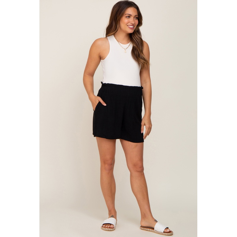 Black Linen Ruffled Maternity Shorts