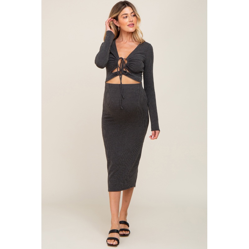 Black Ribbed Front Cutout Two Piece Maternity Skirt Set