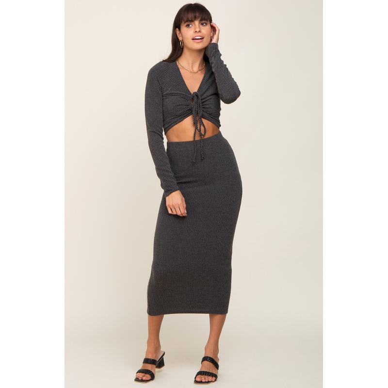 Black Ribbed Front Cutout Two Piece Skirt Set