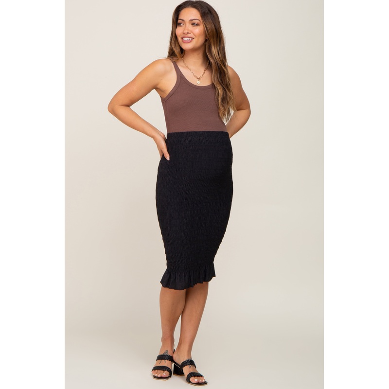 Black Smocked Frill Hem Maternity Skirt