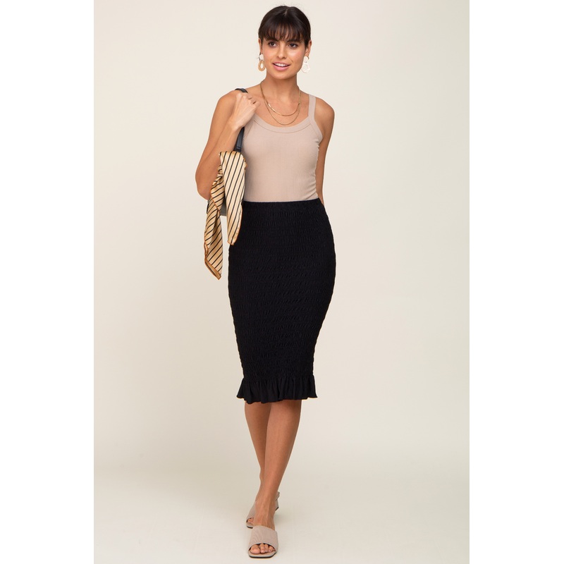 Black Smocked Frill Hem Skirt
