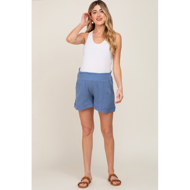 Blue Cotton Gauze Maternity Shorts