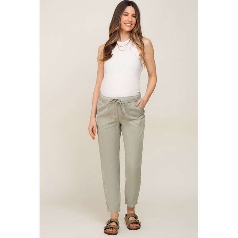 Light Olive Drawstring Elastic Waist Maternity Pants