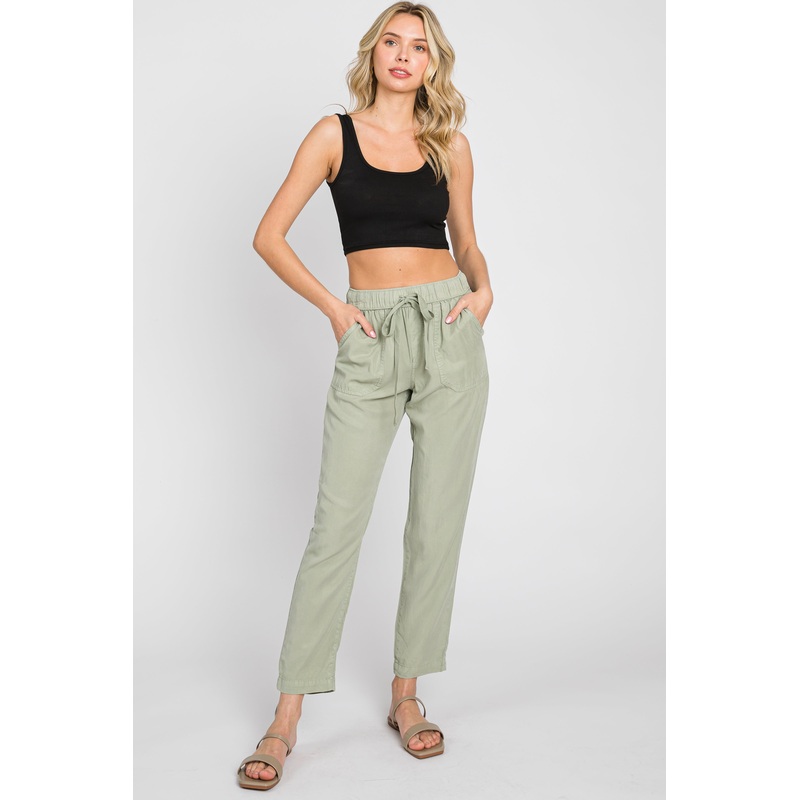 Light Olive Drawstring Elastic Waist Pants