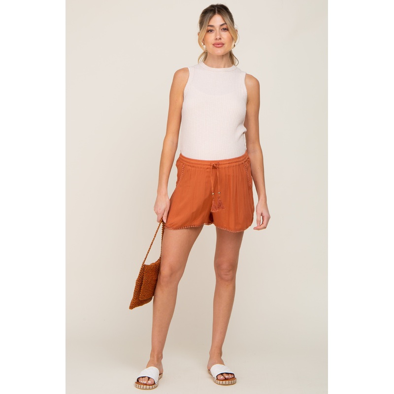 Rust Crochet Tassel Accent Maternity Shorts