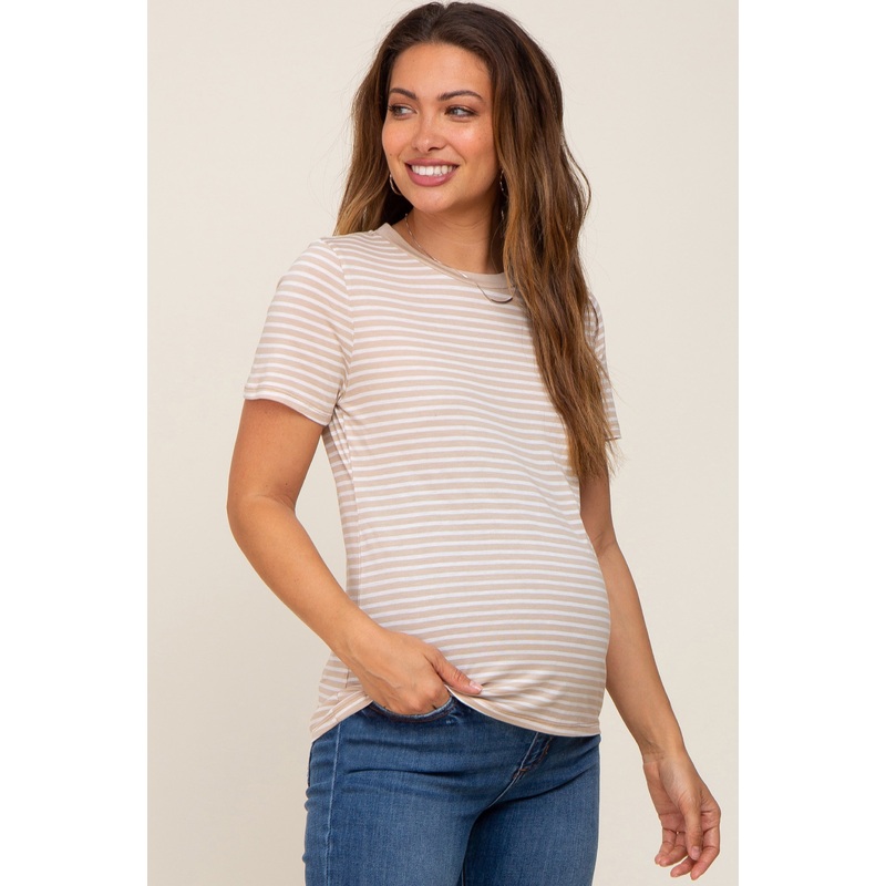 Taupe Striped Basic Maternity Tee