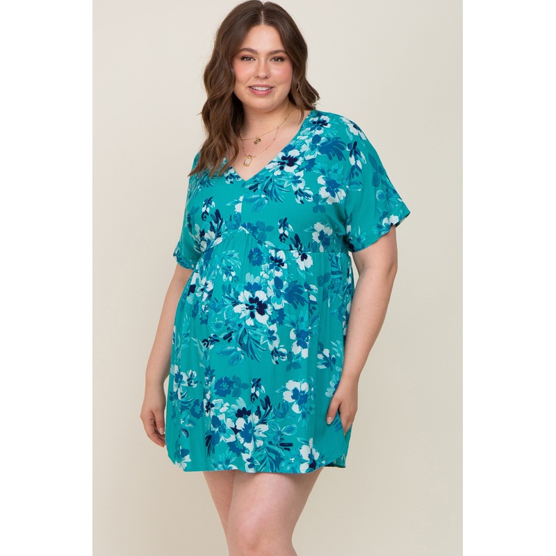 Teal Tropical Floral V-Neck Short Sleeve Maternity Dress
