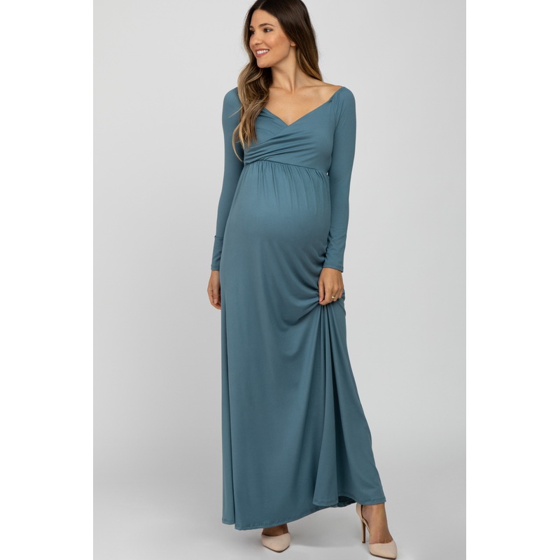Turquoise Wrap Front Empire Waist Maternity Maxi Dress