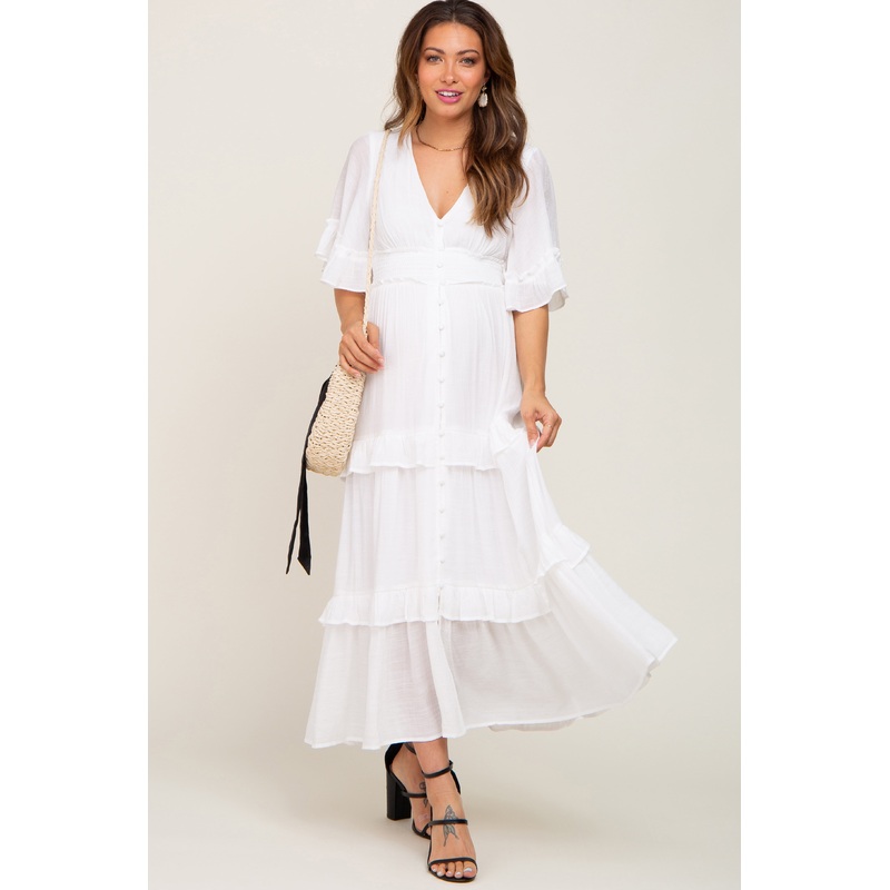 White Button-Down Front Ruffle Tiered Maternity Maxi Dress