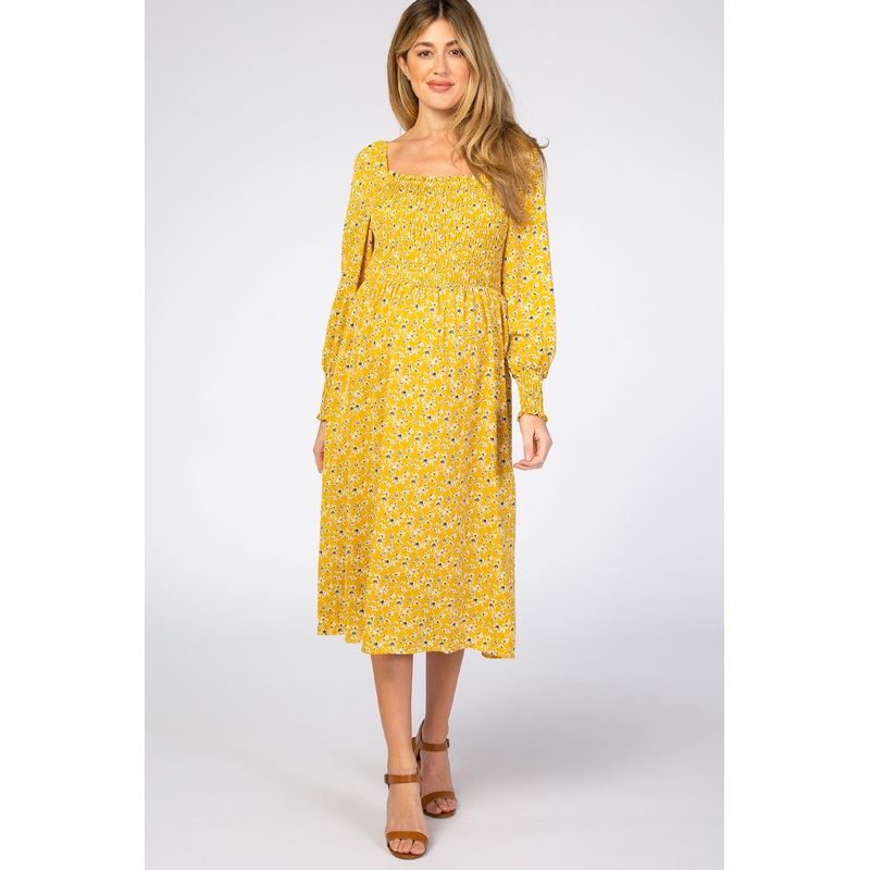 Yellow Floral Smocked Bubble Sleeve Maternity Midi Dress