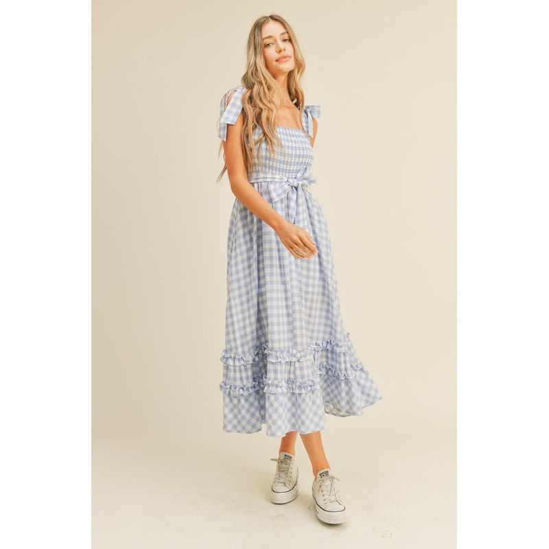 Baby Blue Smocked Bodice Ruffled Hem Midi Dress