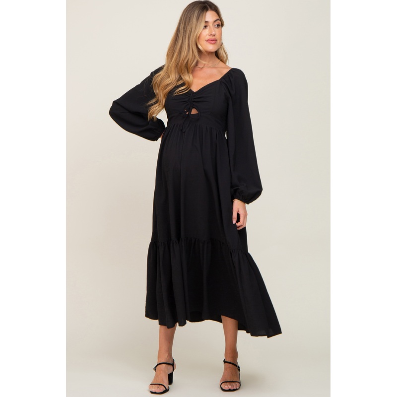 Black Cinched Cutout Maternity Midi Dress