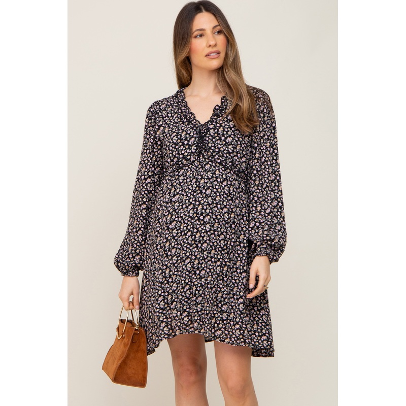 Black Ditsy Floral Long Sleeve Maternity Dress