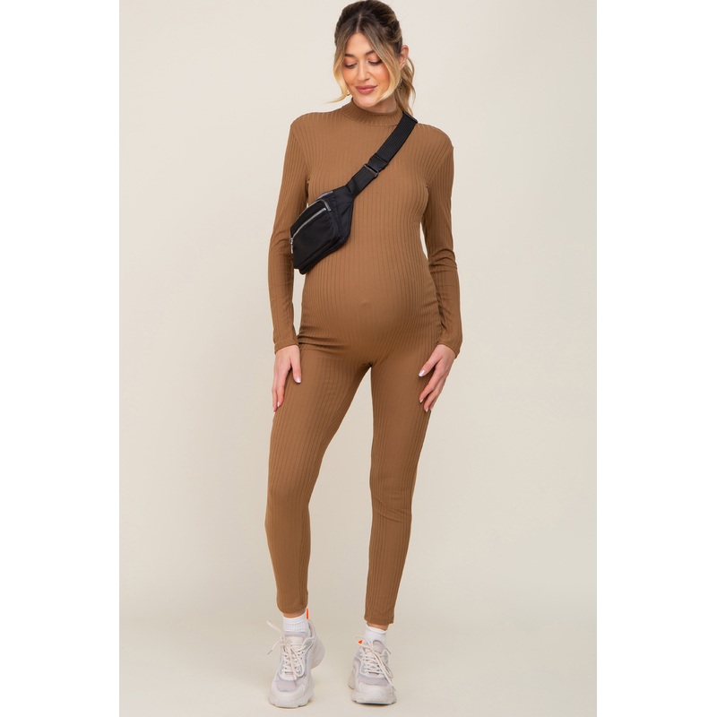 Mocha Ribbed Maternity Jumpsuit