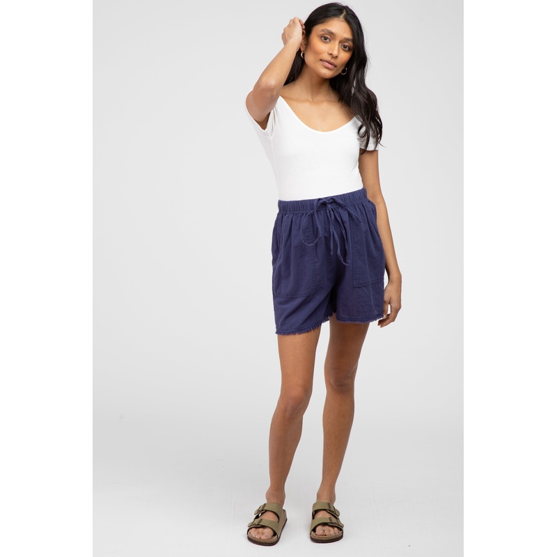 Navy Blue Linen Fringe Hem Drawstring Maternity Shorts