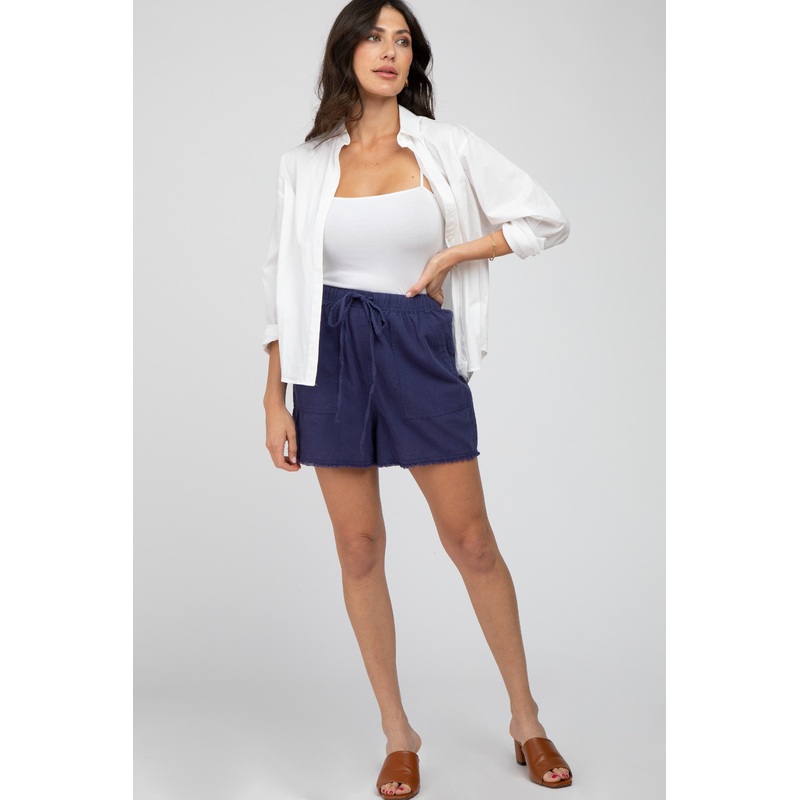 Navy Blue Linen Fringe Hem Drawstring Shorts