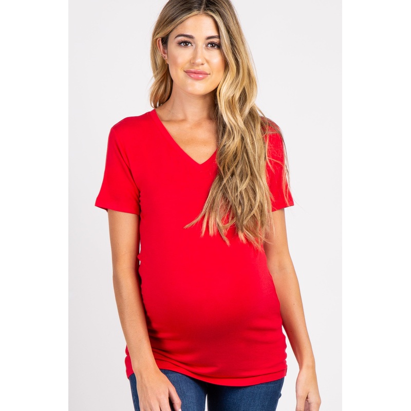Red Basic V-Neck Maternity Top