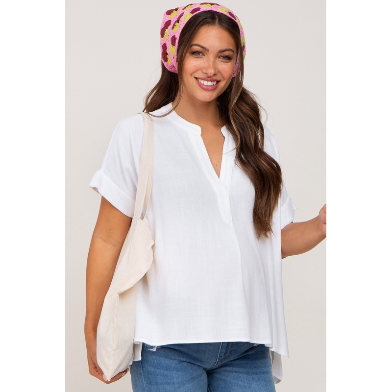 White Split Hem Cuffed Maternity Top