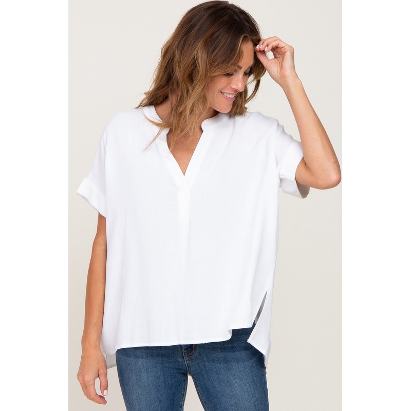 White Split Hem Cuffed Top