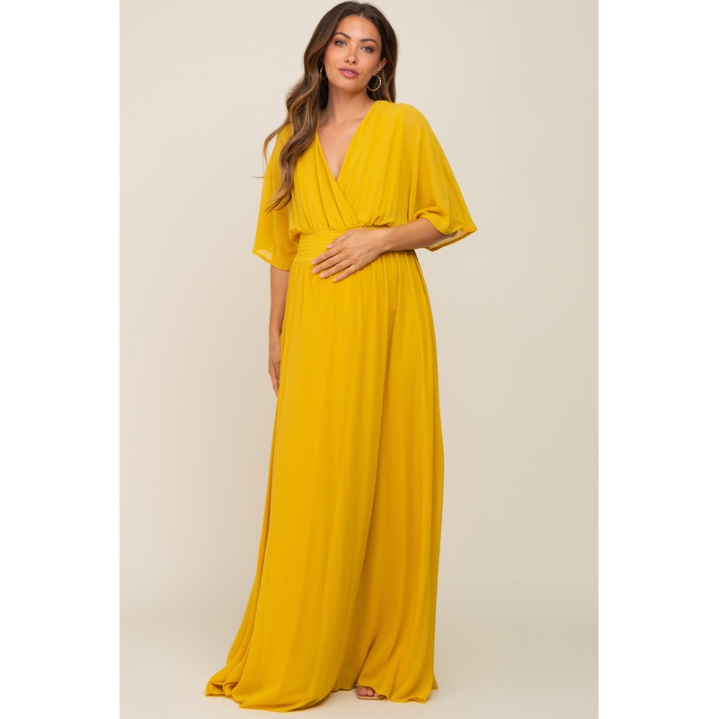 Yellow Chiffon V-Neck Smocked Waist Maternity Maxi Dress