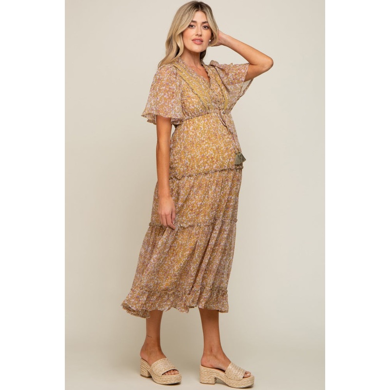 Yellow Floral Button Top Ruffle Tiered Maternity Midi Dress