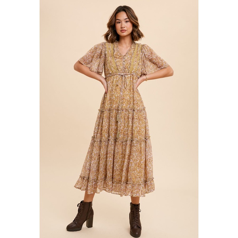 Yellow Floral Button Top Ruffle Tiered Midi Dress
