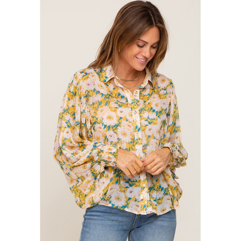 Yellow Floral Button Up Blouse