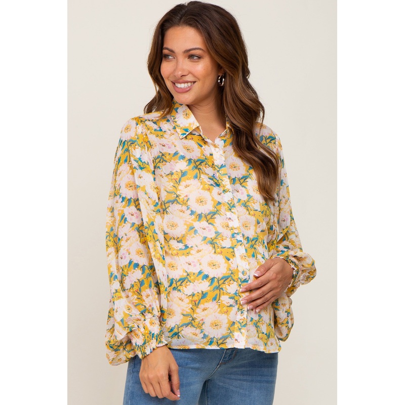 Yellow Floral Button Up Maternity Blouse
