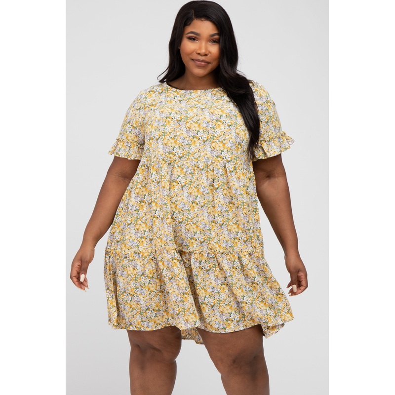Yellow Floral Ruffle Plus Dress
