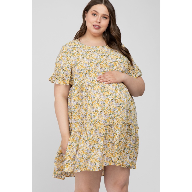 Yellow Floral Ruffle Plus Maternity Dress