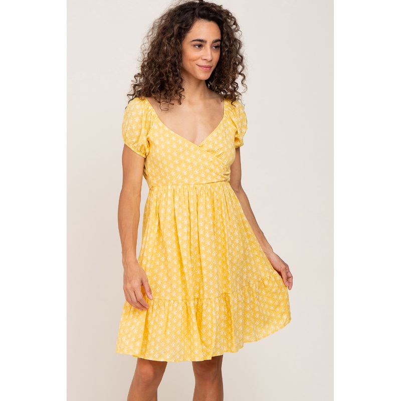 Yellow Floral Wrap Puff Sleeve Dress
