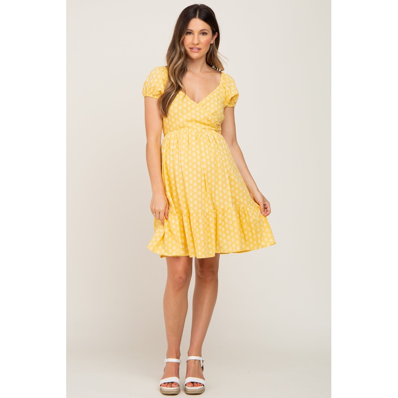 Yellow Floral Wrap Puff Sleeve Maternity Dress