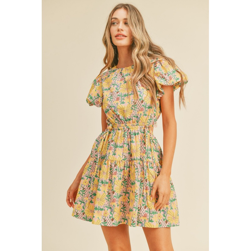 Yellow Green Floral Floral Print Cut Out Mini Dress