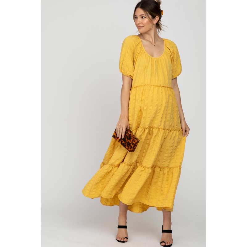 Yellow Lettuce Trim Ruffle Tiered Maternity Midi Dress
