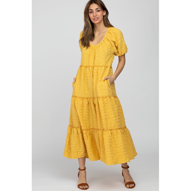 Yellow Lettuce Trim Ruffle Tiered Midi Dress