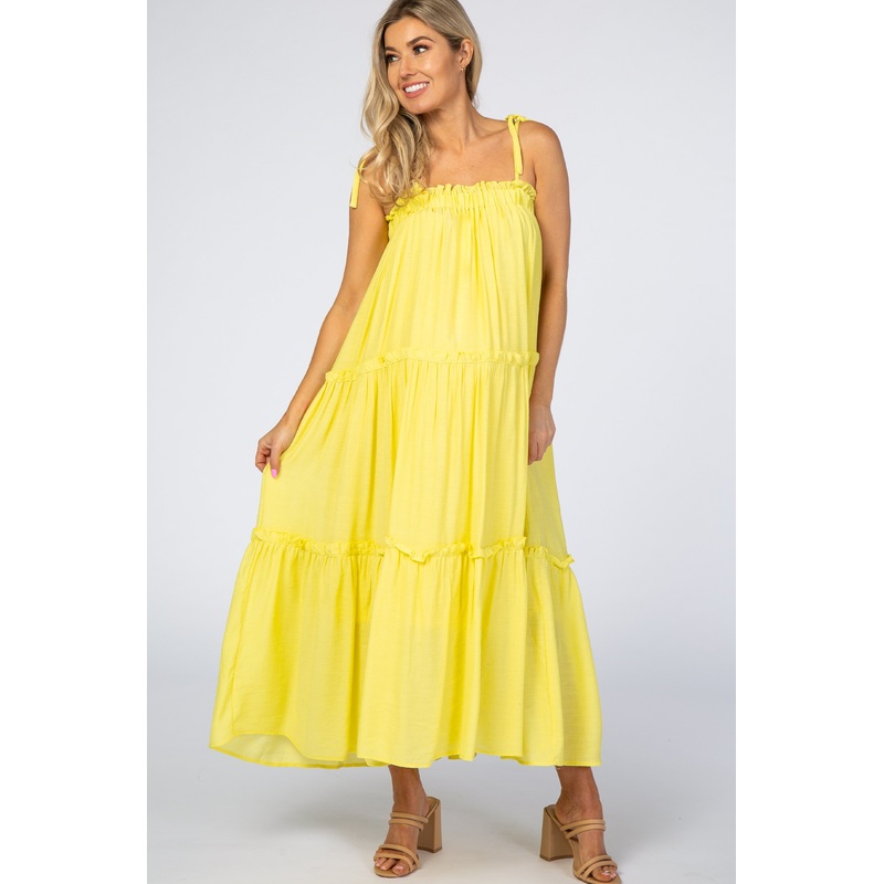 Yellow Tie Strap Ruffle Maternity Maxi Dress