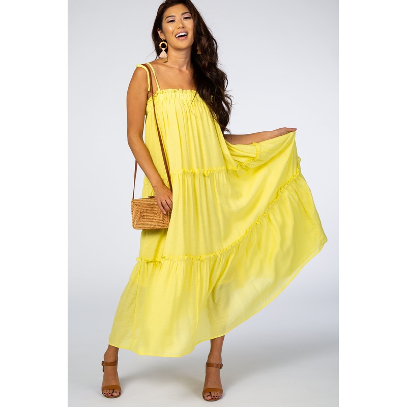 Yellow Tie Strap Ruffle Maxi Dress