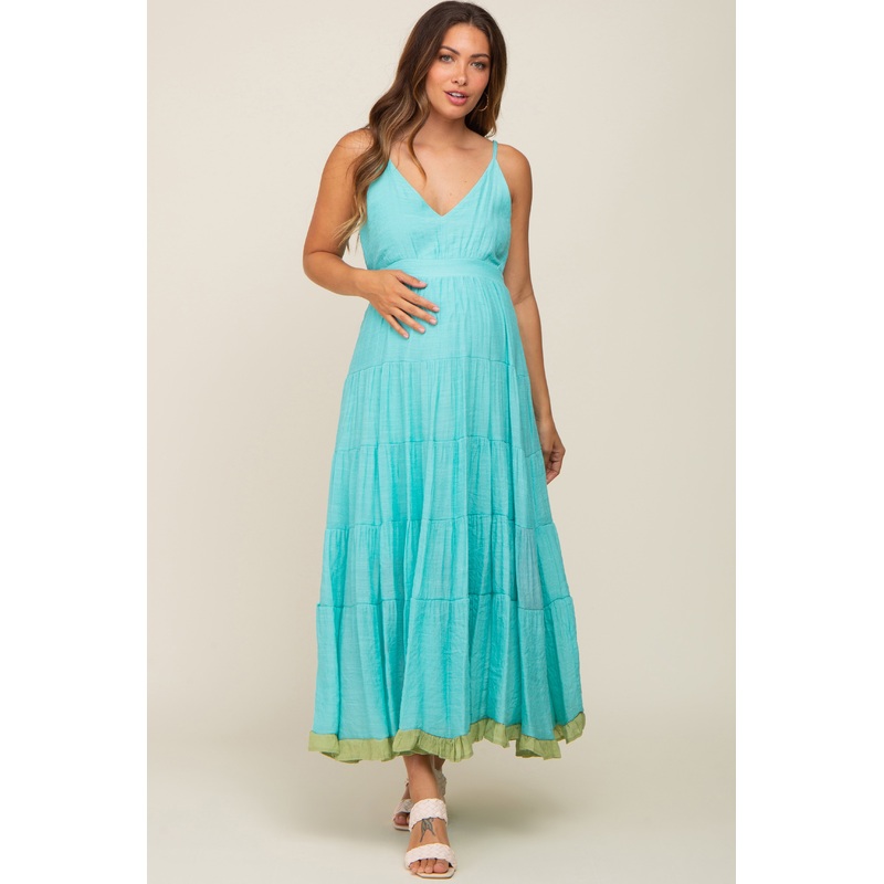 Aqua V-Neck Colorblocked Tiered Maternity Maxi Dress